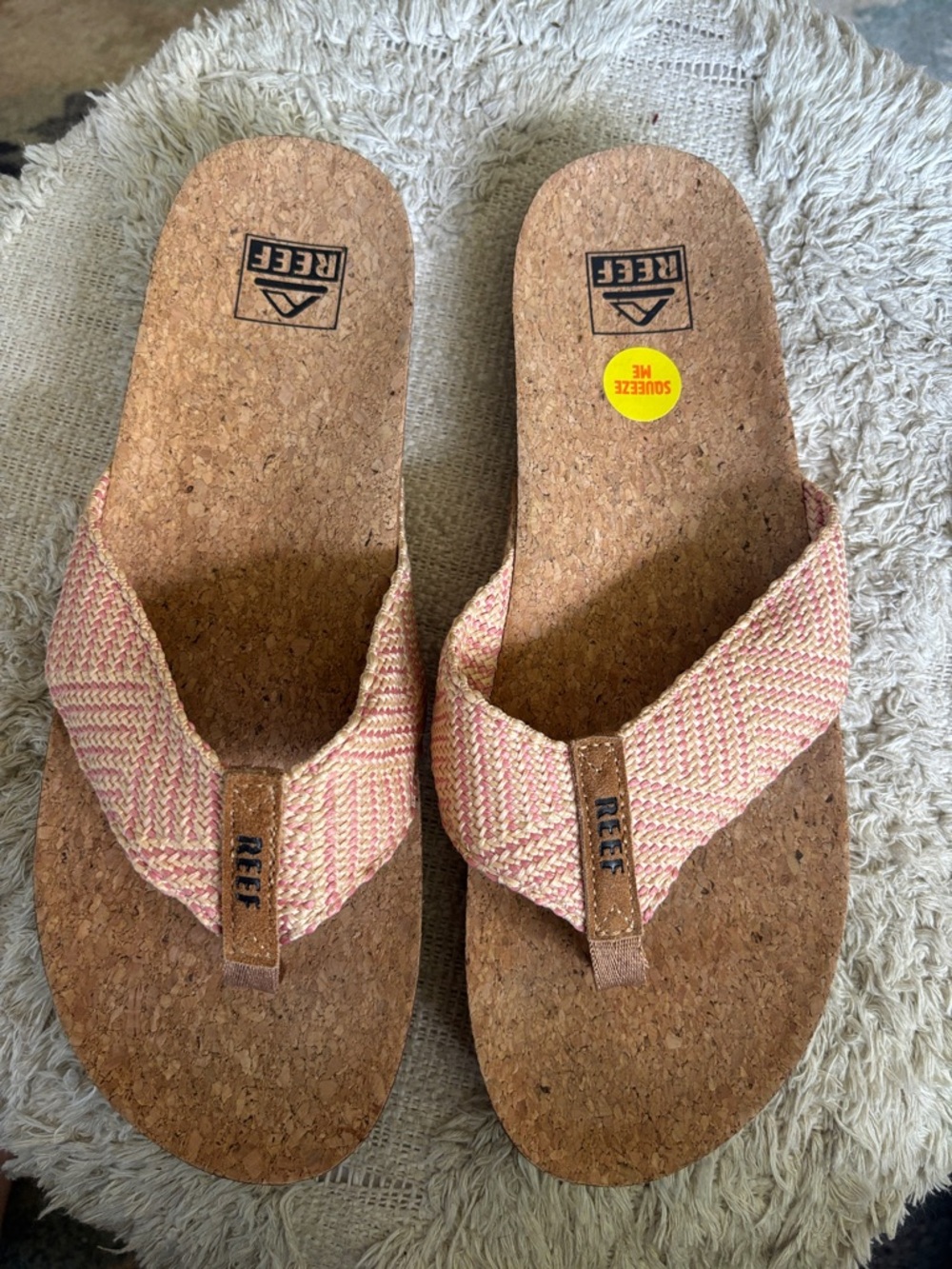 Reef Pink and Tan Cork Thong Sandals woman’s Sz 10 Perfect